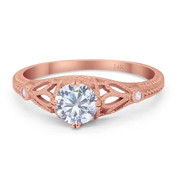 14K Rose Gold Round Vintage Design Solitaire Bridal Simulated CZ Wedding Engagement Ring Size-7